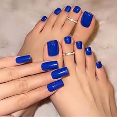 48-Piece Chic Blue Press-On Nails & Toenails Set - Glossy Short Square With Bonus Gel File Cute Toenail Colors, Gel Toe Nails Summer, Blue Nails And Toes, Matching Set Nails And Toes, Spring Toe Nails, Blue Toenails, Blue Toe Nails, Harry Potter Nail Art, Royal Blue Nails