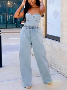 Denim Tube Top Wide Leg Pants Sets | ECHOINE Tube Top And Jeans, Denim Tube Top, Bandeau Jumpsuit, Solid Midi Dress, Top Jeans, Slim Denim, Custom Size Dresses, Multi Dress, Style Upgrade