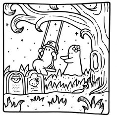 a black and white drawing of two dogs in the cemetery