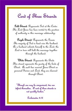 a purple and yellow frame with the words, god of three strands in white lettering