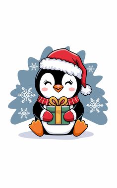 a penguin wearing a santa hat and holding a gift box