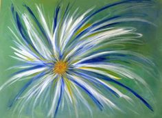 a painting of blue and white flowers on a green background with yellow tips in the center