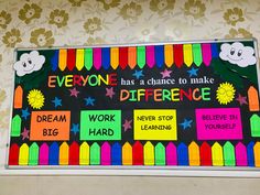 a bulletin board with words and pictures on it that say everyone has a chance to make a difference