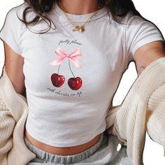 Sweet Fitted Cotton T-shirt, Fitted Sweet Top With Graphic Print, Y2k Style Cotton Tops With Cherry Print, Sweet White Tops With Strawberry Print, Cute White Top With Cherry Print, Sweet Short Sleeve Tops With Fruit Print, Fitted Cotton T-shirt With Cherry Print, White Y2k Tops With Cherry Print, Y2k Cherry Print Summer Tops