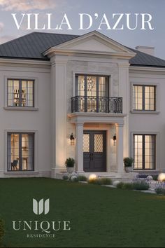 the front cover of villa d'azur by unique homes, featuring an elegant white house