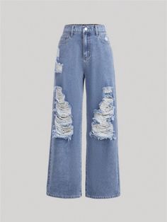 Medium Wash  Collar  Denim Plain Straight Leg Embellished Non-Stretch  Teen Girls Clothing Cute Distressed Jeans, Cute Ripped Jeans For Kids, Jeans For Kids, Kids Denim Jeans, Cute Ripped Jeans, Kpop Y2k, Teen Jeans, Summer Day Dresses