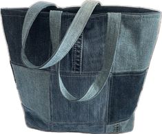 Casual Cotton Patchwork Bag, Casual Rectangular Patchwork Bag, Casual Denim Patchwork Bag, Everyday Recycled Denim Rectangular Bag, Everyday Rectangular Recycled Denim Bag, Medium Wash Upcycled Tote Bag, Eco-friendly Rectangular Denim Bag, Everyday Denim Blue Patchwork Bag, Denim Patchwork Bag For Everyday Use