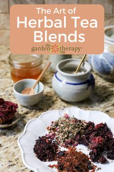 the art of herb tea blends on a plate with bowls and spoons in the background