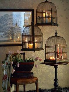 two pictures side by side, one with a birdcage and the other with candles in it