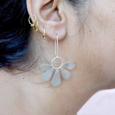 Modern Flower Earrings For Pierced Ears, Teardrop Earrings With Flower Charm, Modern Flower Shaped Earrings For Gift, Silver Teardrop Earrings With Flower Charm, Metal Teardrop Flower Earrings, Minimalist Dangle Earrings With Flower Charm, Handmade Silver Jewellery, Silver Statement Earrings, Earrings Women