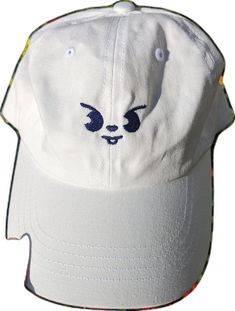 Cute Hats With Embroidered Logo And Curved Brim, Cute Baseball Cap With Embroidered Logo, Fun White Visor Hat, Cute Adjustable Baseball Cap With Embroidered Logo, White Embroidered Dad Cap, White Embroidered Adjustable Dad Hat, Adjustable White Embroidered Dad Hat, Cute White Hat, One Size, Playful White Hat With Curved Brim