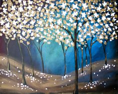 an acrylic painting of trees with white leaves