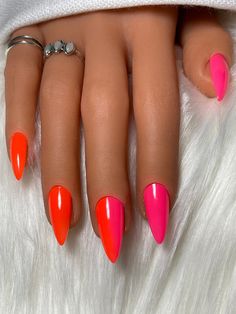 Display your summer style with a nail look featuring a pink and orange ombre design. Each regular set contains 10 press-on nails. **Check for your correct nail size as we are not responsible if the wrong size is ordered*** See chart on homepage for size guide. Alternatively, if you are unsure about your sizing, you can order a full set of 20 nails - 2 of each size or you can order a nail sizing kit. FAQ: How long do the nails stay on? It depends on how well you prep your natural nails before app Summer 24 Nails Almond, Oval Nail Inspo Summer, Neon Pink Purple Nails, Spring Nails 2023 Bright Colors, Red And Orange Acrylic Nails, Bright Beach Nails Summer Colors, Pink Red And Orange Nails, Short Coffin Shape Nails Summer, Pink To Orange Ombre Nails