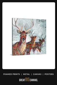 a painting of two deers in the snow