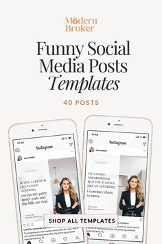 two iphone screens with the text'funny social media posts templates 40 posts '