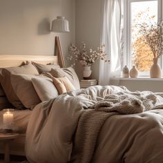 an unmade bed with pillows and blankets on it in front of a large window