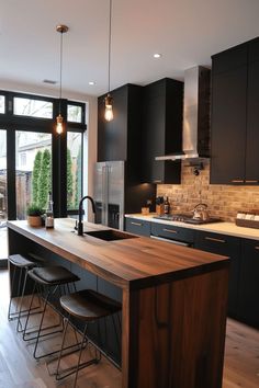 modern luxury Scandinavian kitchen, butcher block countertop1 Simple Kitchen Design, Interior Vintage, Modern Kitchen Interiors, Scandinavian Kitchen, Simple Kitchen, Apartment Kitchen, Trendy Kitchen