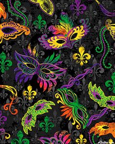 a black background with colorful masks and fleur de l'oeuvres on it