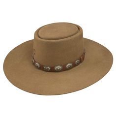 Charlie 1 Horse High Desert Pecan Precrease Flat Brim Telescope Crown Concho Band 4 1/4" Brim CWHIDT-2242P5   Charlie 1 Horse Hats allow its wearers to display their personality through headwear and express a very unique fashion forward style. This brand has a daring attitude that encompasses style and panache. These h Charlie 1 Horse Hat, Charlie Horse, Gambler Hat, Wool Felt Fabric, Chapeau Cowboy, High Desert, Western Hats, Cowgirl Hats, Felt Fabric