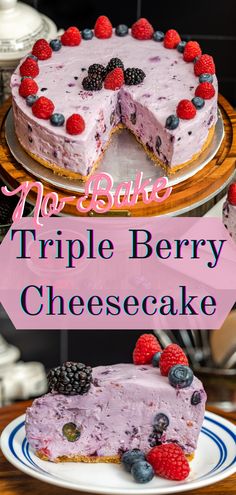 no bake triple berry cheesecake with berries on top