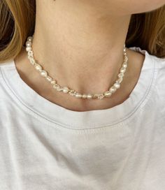 Handmade Pearl Beaded Choker Necklace, Everyday Pearl Beaded Necklace, Trendy Pearl Beaded Choker Necklace, Trendy Pearl Choker As Gift, Trendy Adjustable Pearl Necklace As Gift, 16 Inch White Pearl Necklace For Gifts, Adjustable Pearl Beaded Necklace For Gift, Pearl Chain Beaded Choker Necklace As Gift, Pearl Chain Beaded Choker Necklace For Gift