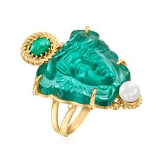 Italian Tagliamonte Green Venetian Glass, Malachite, 5-5.5mm Cultured Pearl Medusa Ring Over Sterling. Size 5. From Italian designer Tagliamonte, this statement ring boasts an ornate design and masterful craftsmanship. On it, beautiful 24x21mm green Venetian glass is carved to depict a highly detailed rendering of Medusa. For added visual interest, a 6x8mm oval malachite cabochon is stationed above and a 5-5.5mm cultured freshwater button pearl gleams below. Set in 18kt yellow gold over sterling Oval Malachite Gemstone Jewelry, Fine Jewelry Malachite Round Jewelry, Oval Green Malachite Jewelry, Hand-strung Gold Malachite Jewelry, Round Malachite Fine Jewelry, Resort Jewelry, Bold Statement Jewelry, Pearl Birthstone, Fine Jewelery