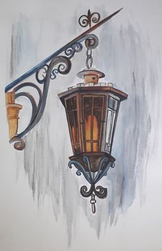 a watercolor painting of a street light