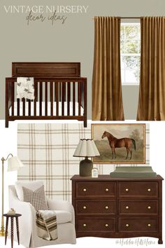 a baby's nursery room with furniture and decor in brown, beige and white