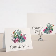 two thank you cards with cactus designs on them, one is white and the other has pink flowers