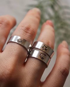 These rings are 100% aluminum & hypoallergenic so it's resistant to tarnishing, turning your skin green, or rust! They are adjustable! I will do a general sizing of the ring, & you can adjust it for the perfect fit. The black ink is not permanent & will come off over time, however you can fill it in with a black sharpie or marker & wipe it off. It'll be good as new! Each ring is hand stamped by me & made to order!! These are the perfect personalized gift :) choose either sun, moon, or star in th Adjustable Stainless Steel Midi Rings, Adjustable Celestial Rings For Everyday Wear, Celestial Everyday Adjustable Rings, Everyday Adjustable Celestial Rings, Adjustable Hypoallergenic Metal Midi Rings, Adjustable Nickel-free Symbolic Midi Rings, Adjustable Symbolic Nickel-free Midi Rings, Adjustable Hypoallergenic Metal Ring, Platonic Marriage