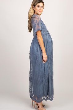 PinkBlush Blue Lace Mesh Overlay Maternity Maxi Dress Maternity Maxi Dress With Lace Trim, Maternity Lace Maxi Dress With Short Sleeves, Maternity Lace Maxi Dress, Lace Maternity Maxi Dress, Lace Maxi Maternity Dress, Blue Lace Maxi Dress With Short Sleeves, Short Bell Sleeves, Maternity Maxi Dress, Maternity Maxi