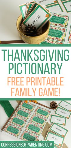 the thanksgiving printable family game is shown in green and orange with text overlay