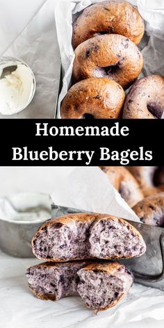 homemade blueberry bagels are stacked on top of each other in front of a baking tin