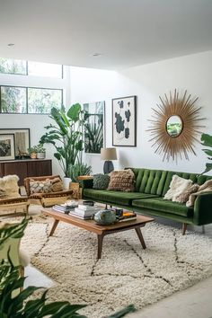 a living room filled with green furniture and lots of plants on the wall next to it