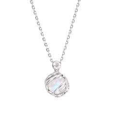 Adorn yourself with this exquisite blue moonstone pendant necklace. Its shimmering light blue luster and handcrafted sterling silver frame evoke the glimmer of the aurora borealis and snow. The rotating crystal ball pendant emanates calming, stabilizing feminine energy to promote relationships, boost your aura, and unlock love. Rejoice in this handmade piece's beauty and power. Elegant Moonstone Clavicle Chain Jewelry, Moonstone Round Pendant Necklace With Clavicle Chain, Elegant Moonstone Necklace With Moon Charm, Elegant Round Crystal Necklace With Moon Charm, Silver Moonstone Clavicle Necklace, Silver Moonstone Clavicle Chain Necklace, Silver Clavicle Chain Necklace With Moonstone, Elegant Crystal Pendant Necklace With Moon Charm, White Moonstone Clavicle Chain Necklace