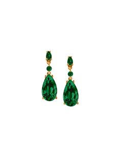 The Bellamy drop earrings are crafted with 8 carats of pear and round lab-grown emeralds. Set in 18-karat gold-coated sterling silver with a 14-karat gold post. Sold as pair.  The Fine Print: Stone Type: Lab-grown emerald  Stone Shape: Pear and round cut  Post: 14k solid gold Carat: 8 carats lab-grown emeralds  What's The Fine Print, Fine Print, Emerald Stone, Gold Drop Earrings, White Sapphire, Round Cut, Beautiful Jewelry, Solid Gold, Pear