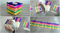 several pictures of different colored popsicle sticks being used to make an art project for kids