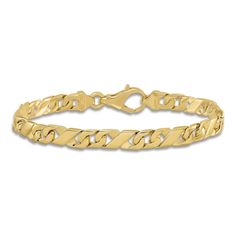 Dynamic solid high-polish curb-inspired links nestle one another along the length of this distinctive men's bracelet. Fashioned in 14K yellow gold, the 8-inch chain secures in place with a lobster clasp. Modern Gold Figaro Chain Bracelet, Classic Cuban Link Bracelet With Curb Chain For Anniversary, Modern Yellow Gold Figaro Chain Bracelets, Classic Gold Cuban Link Bracelet For Anniversary, Modern Yellow Gold Figaro Chain Bracelet, Classic Yellow Gold Cuban Link Bracelet For Anniversary, Modern Formal Bracelets With Figaro Chain, Modern Formal Figaro Chain Bracelets, Yellow Gold Cuban Link Chain Bracelet With Polished Finish