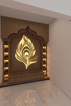 a wooden wall with a lit peacock on it