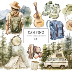 watercolor camping clipart set with backpack, camper's tent and other items