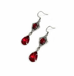 "These dainty and elegantly ornate earrings are made with antique silver plated centerpieces, and silver tone settings, worn with stainless steel earring hooks. They are accented with bright ruby red glass crystals/jewels. Earrings measure 2 1/8\" in length (including earring hooks) and 1/2\" wide. More colors are available in our shop, along with matching chokers. If you don't see items with a color you want, feel free to ask about availability." Wine Red Jewelry, Red Crystal Earrings, Ruby Earrings Silver, Red Ruby Jewelry, Ornate Earrings, Medieval Steampunk, Gothic Antique, Victorian Accessories, Victorian Earrings