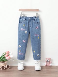 Young Girls' Cute Floral & Letter Embroidery Jeans Medium Wash    Denim Floral Tapered/Carrot Non-Stretch  Young Girls Clothing, size features are:Bust: ,Length: ,Sleeve Length: Floral Letter Embroidery, Jeans Bordados, Cute Night Lights, Flower Jeans, Letter Embroidery, Floral Letters, Jeans Kids, Girls Denim, Embroidered Jeans