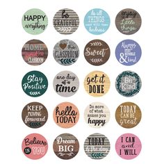 a bunch of different types of buttons with words on them