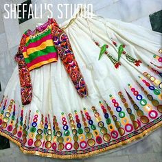 Image result for gujarati mirror work sarees Garba Dress Gujarati, Garba Outfit, Mirror Work Saree, Navratri Dress, Navratri Chaniya Choli, Choli Designs, Kids Designer Dresses