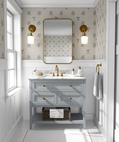 a bathroom with two sinks and a large mirror