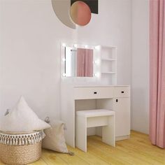 a white vanity table with a mirror and stool next to a pink curtained window