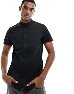 ASOS DESIGN slim fit band collar shirt with roll sleeves in black | ASOS Black Shirt With Button Closure And Stand Collar, Black Shirt With Stand Collar And Buttons, Classic Black Shirt With Stand Collar, Classic Black Stand Collar Shirt, Black Stand Collar Shirt, Black Fitted Shirt With Stand Collar, Band Collar Shirt, Grandad Collar Shirt, Banded Collar Shirts