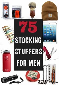 a sign that says 75 stocking stuff for men with various items around it and the words 75