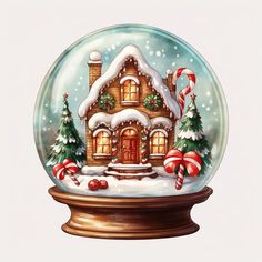 a snow globe with a house and candy canes