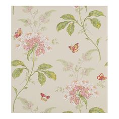 a wallpaper with pink flowers and butterflies on the side, in front of a white background